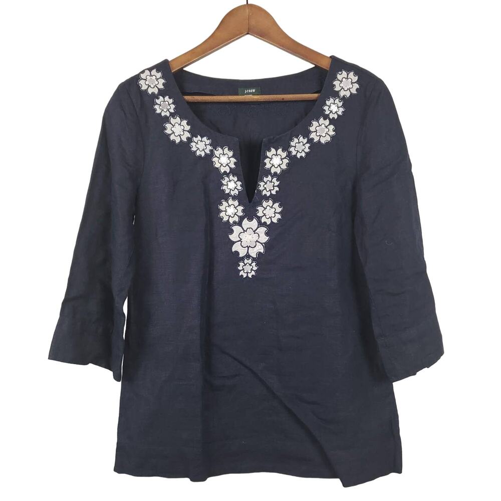 J Crew Linen Top Blouse Tunic Navy Silver - S